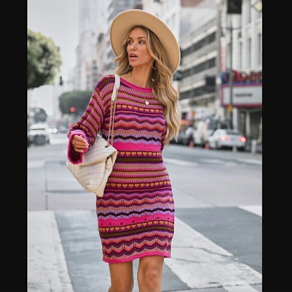 VICI Free The Roses L NWT Crochet Knit Multi Colored Dress Fuchsia Multi Long - Picture 2 of 12